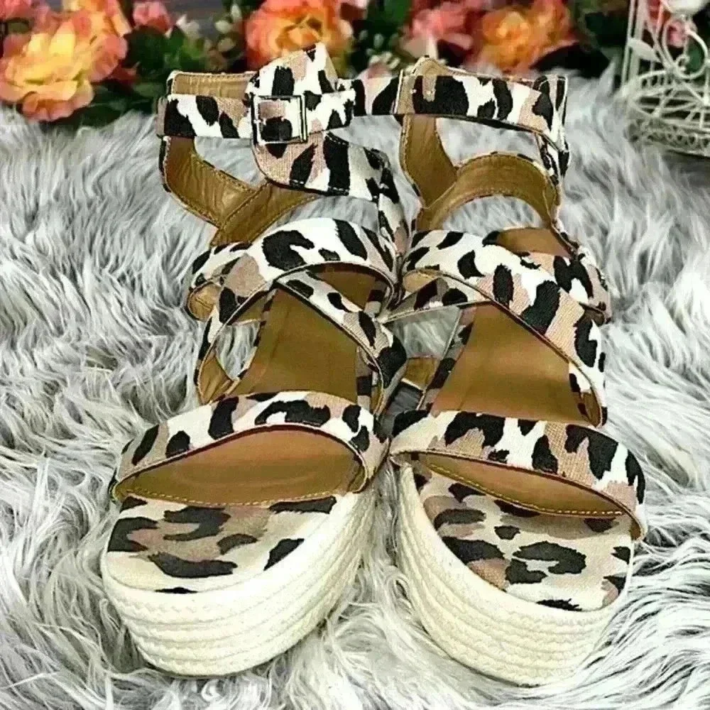 Qupid Leopard Print Canvas Platform Cross Over Espadrilles, 7.5